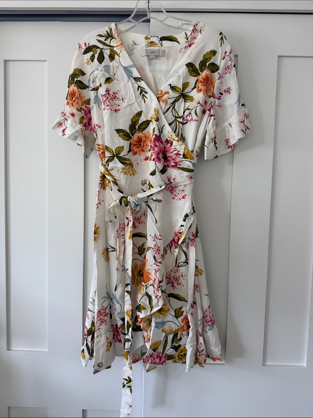 LOFT White Floral Wrap Dress with Pink and Orange Blooms
